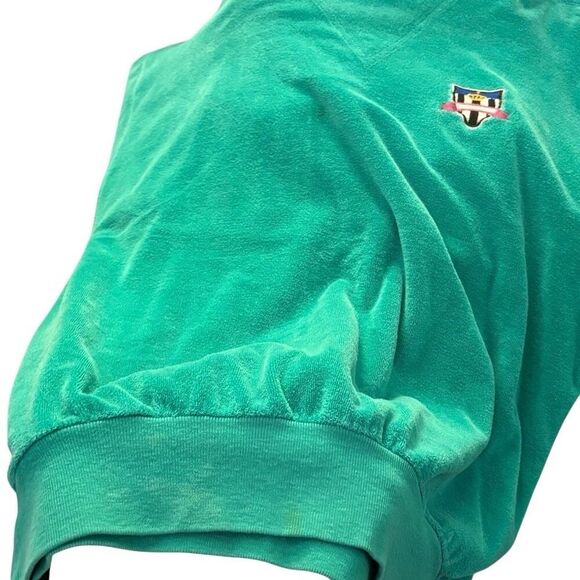 Large Vintage 90's Turquoise Velour Pullover Embroidered Crest Banded Bottom #Re - Picture 10 of 11